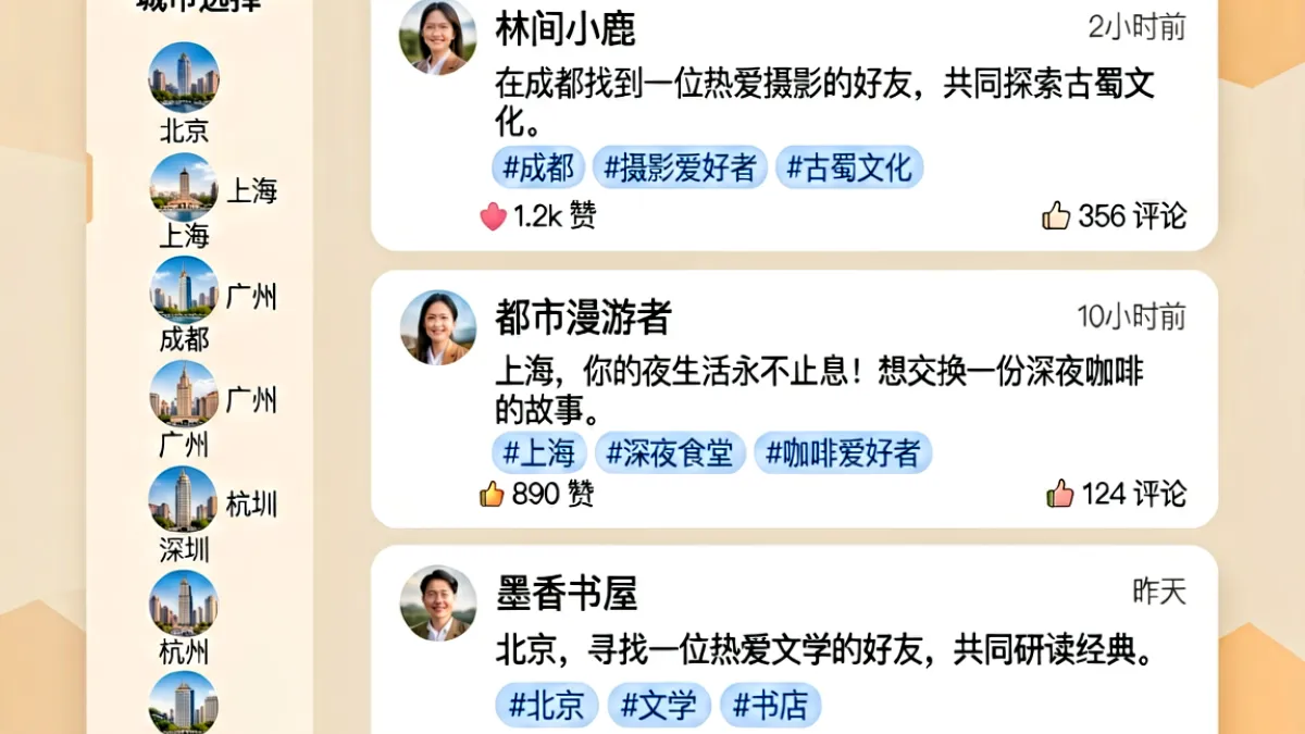 cl社区同城交友板块页面，用户按城市筛选发帖进行线下约见互动的界面展示